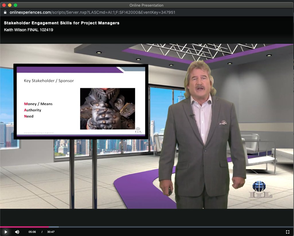 mccluremelissaa's tweet photo. @IILGlobal I'm participating in #IPMDay2019. gotta say I am VERY disappointed in the video recording about Stakeholder Engagement Skills for PMs. Mr. Wilson proceeds to state that you need to have the Money, Authority, and Need first which spells MAN on the screen. https://t.co/mCcnOtvxK5
