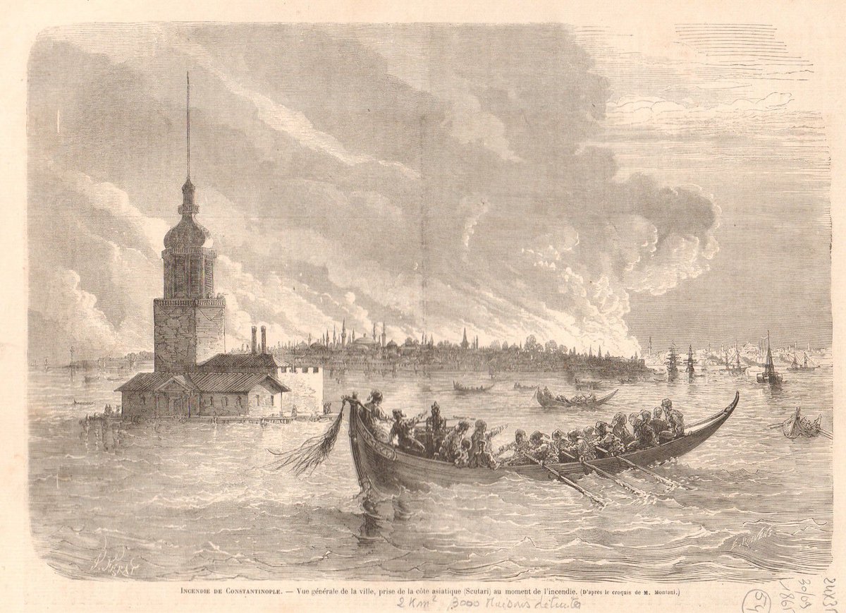  1865 senesinde gerçekleşen Büyük İstanbul Yangınlarından birinin Kız Kulesi civarından görünüşü, Le Monde Illustré, 30 Eylül 1865 