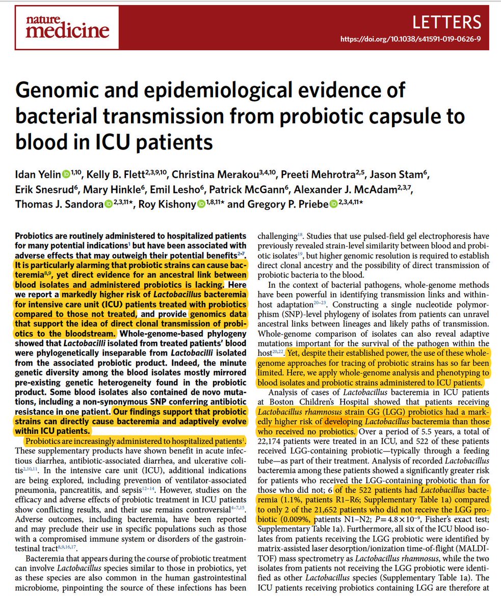 EricTopol's tweet image. The use of #probiotics in hospitals is increasing. Now the first proof via genomic sequencing that these pills can induce sepsis nature.com/articles/s4159… @NatureMedicine by @TechnionLive&apos;s @idanyelin @harvardmed and collaborators