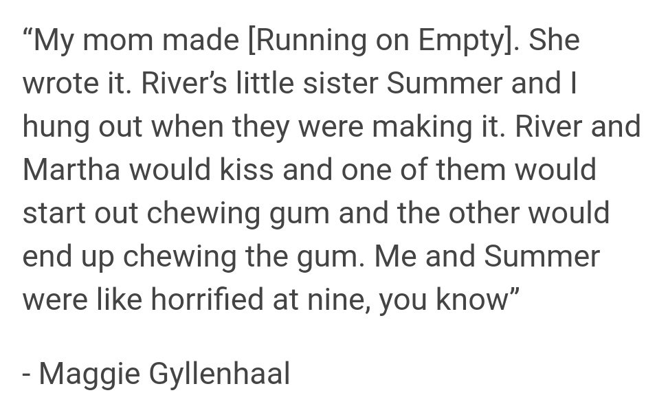 The River Phoenix Gallery No Twitter Maggie And Jake Gyllenhaal Talking About Their Memories As A Kid Watching River Phoenix Martha Plimpton And Director Sidney Lumet On The Set Of Running On
