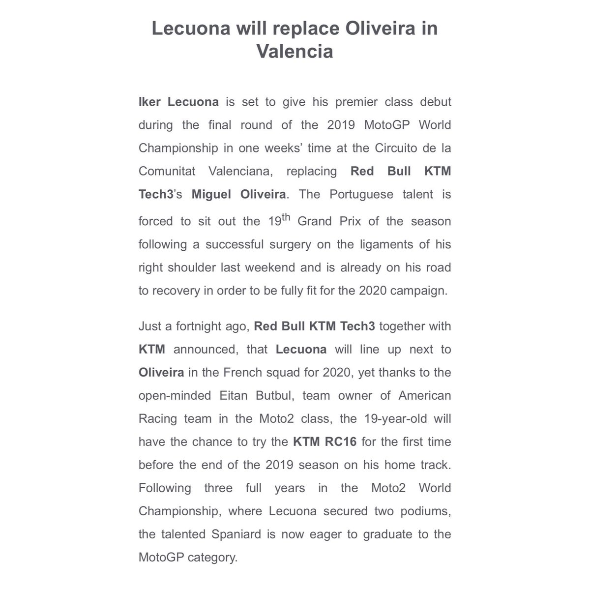 Lecuona will replace Oliveira in Valencia #GetWellSoonMiguel #KTM #Tech3 #Racing @MotoGP #IkerLecuona #IL27 #MO88 #ValenciaGP