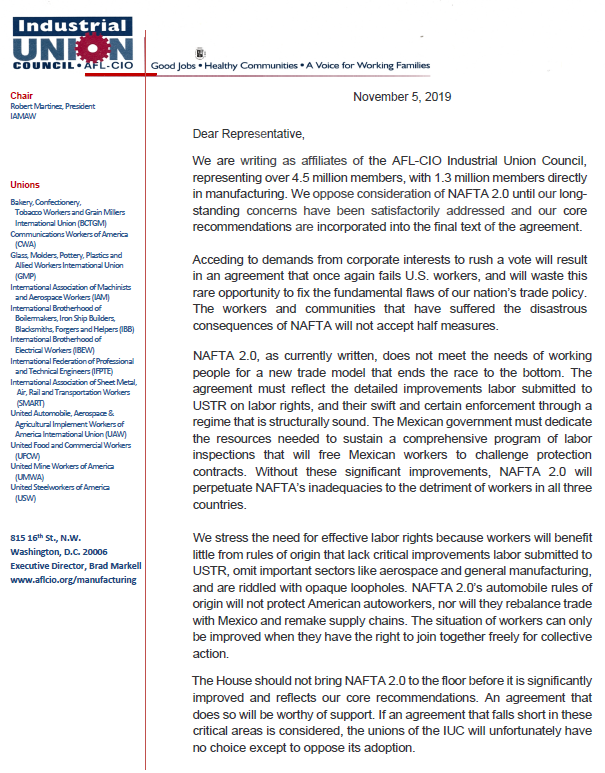 IAMBobMartinez's tweet photo. The current text of #NAFTA 2.0 does nothing to stop the outsourcing of aerospace and manufacturing jobs.
 
The @MachinistsUnion and the 4.5 million-member @AFLCIO Industrial Union Council will staunchly oppose the agreement if it comes to the House floor without major changes. https://t.co/hvZt546Yj2