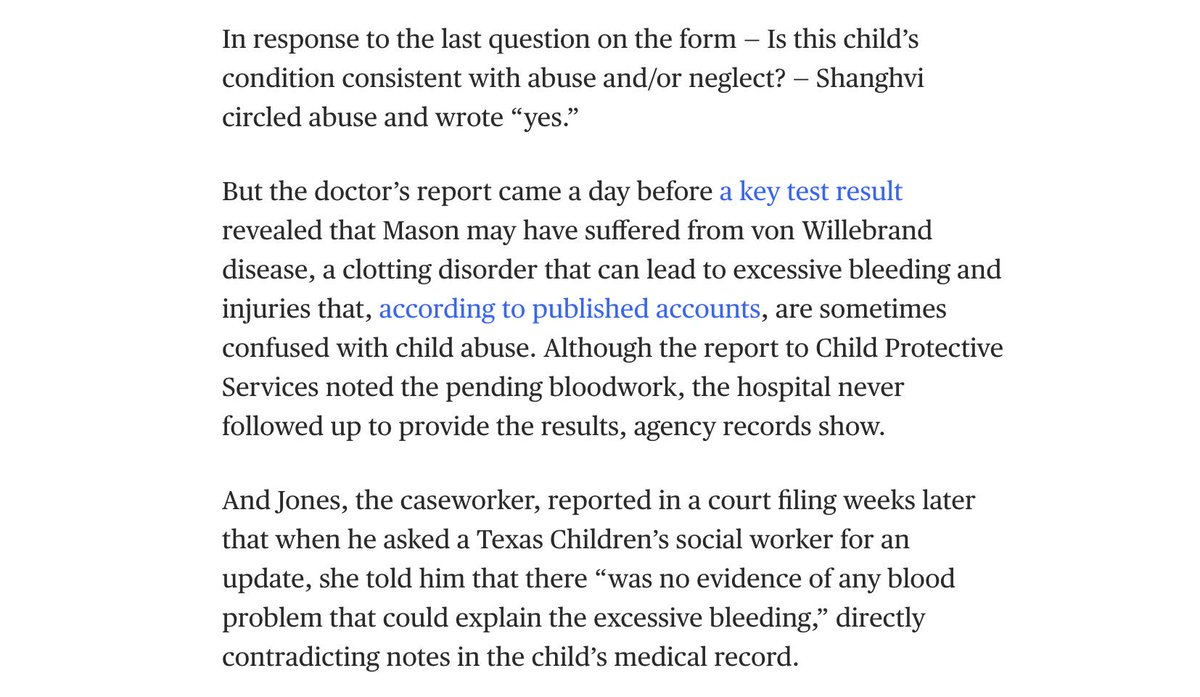 4. The child abuse pediatrician filed a report saying Mason's injuries didn't match Mom's description of what happened, & CPS opened an investigation. A later test result showed the baby had a condition that causes excessive bleeding, but Texas Children's never shared it with CPS