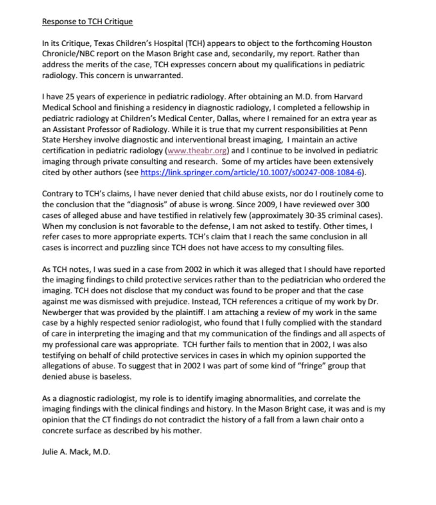 6. FWIW, Texas Children's Hospital provided a statement arguing that the baby might not have actually suffered from the bleeding disorder that its doctors treated him for, and they called the radiologist who provided a 2nd opinion "a child abuse 'denialist.'" Read her response: