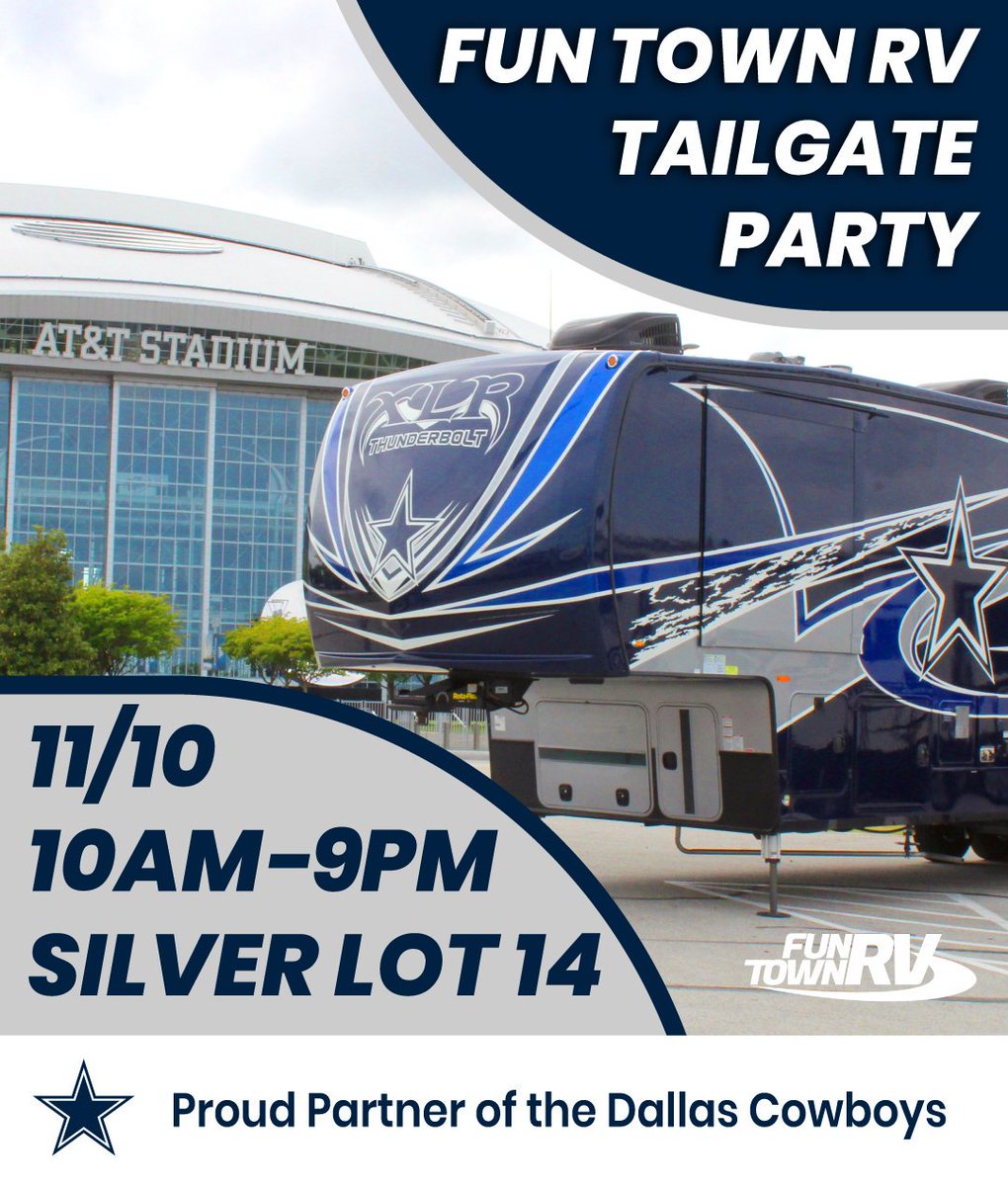 FunTownRV's tweet image. Join us at Silver Lot 14 for Food, Fun, and a chance to Win 4 Tickets + One Night Stay to the Dallas Cowboys V Buffalo Bills Game Thurs. Nov. 28th! Other giveaways will be held on site at Cowboys Silver Lot 14 Free to Enter No purchase Necessary. See you at the game &amp;amp; Go Cowboys!