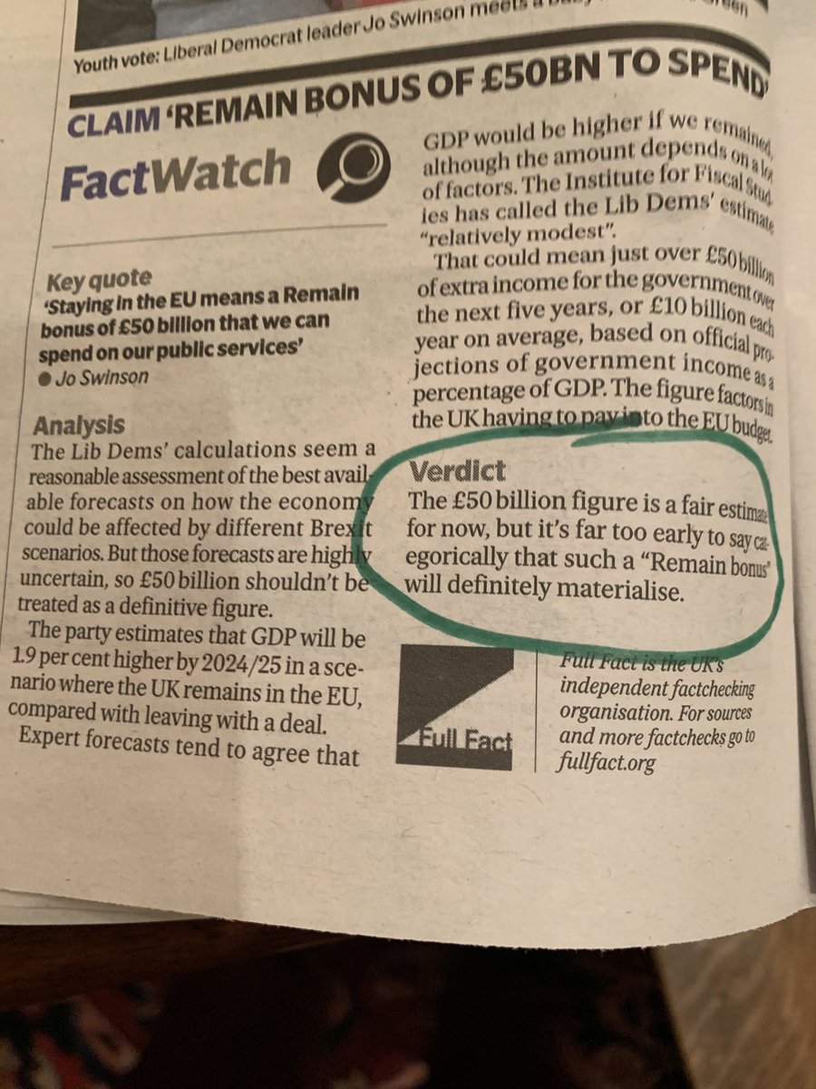 ⁦<a href="/FullFact/">Full Fact</a>⁩ gives the thumbs up to the £50bn ‘Remain bonus’ which ⁦<a href="/LibDems/">Liberal Democrats</a>⁩ will invest in public services as a ‘fair estimate’