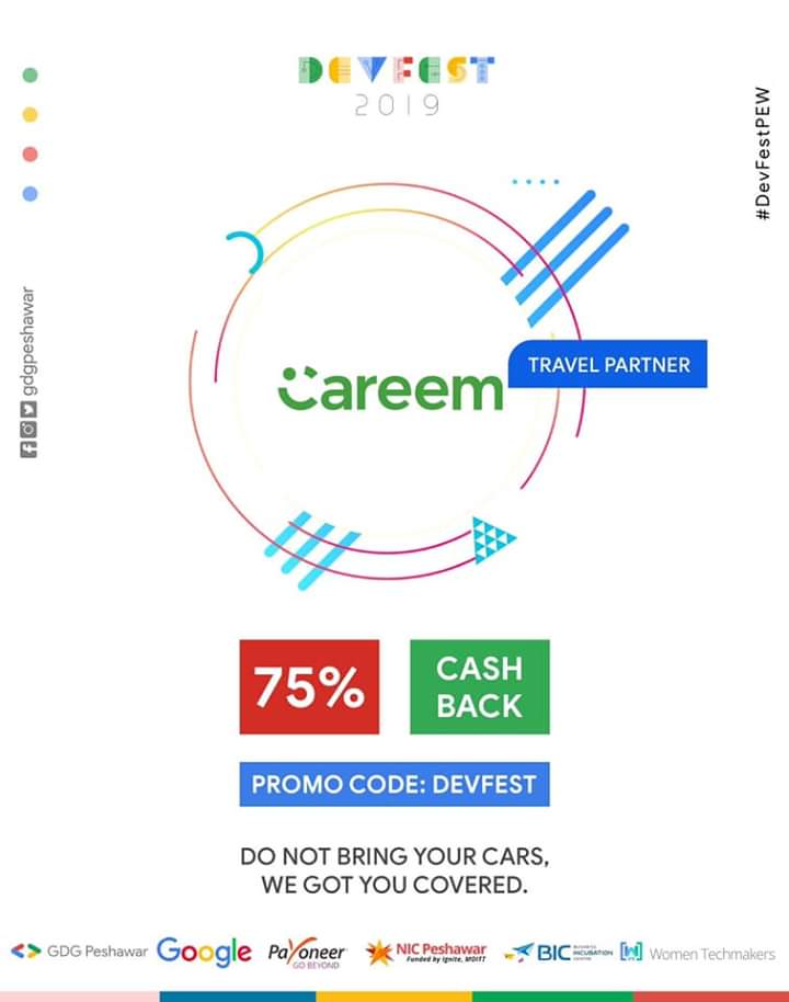 WNaryabi's tweet photo. Important Message:

Use Careem our travel partner and use the promo code 'DEVFEST' on 9th November to and from IM Sciences and get 75% discount. 

See you all at Devfest Peshawar 2019.

#DevFestPEW https://t.co/6r6PTKlOBh
