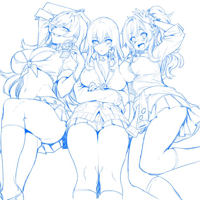 JKビッチ三人娘を描いてました。可愛く描けて余は満足じゃ。 