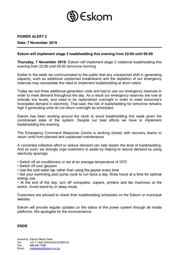 Eskom Hld SOC Ltd (@eskom_sa) on Twitter photo #POWERALERT 2
Date: 7 November 2019
Eskom will implement stage 2 loadshedding this evening from 22:00 until 05:00
<a href="/News24/">News24 🇿🇦</a> @SABCNewsOnline <a href="/IOL/">IOL News</a>
<a href="/ewnupdates/">Eyewitness News</a> <a href="/TimesLIVE/">Times LIVE</a> <a href="/SowetanLIVE/">Sowetan LIVE</a> @SAfmnews <a href="/ukhoz/">Kost_Levitsky</a> #POWERALERT 2
Date: 7 November 2019
Eskom will implement stage 2 loadshedding this evening from 22:00 until 05:00
<a href="/News24/">News24 🇿🇦</a> @SABCNewsOnline <a href="/IOL/">IOL News</a>
<a href="/ewnupdates/">Eyewitness News</a> <a href="/TimesLIVE/">Times LIVE</a> <a href="/SowetanLIVE/">Sowetan LIVE</a> @SAfmnews <a href="/ukhoz/">Kost_Levitsky</a>
