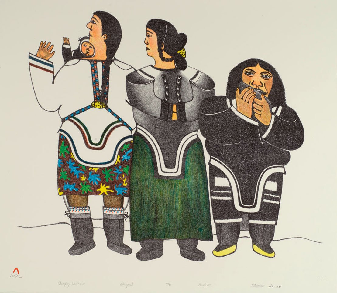 Happy International Inuit Day! This work, currently on display in our exhibit 'Threads of Change,' was made by Pitaloosie Saila in 1991. It depicts four generations of the artist's family and the way Inuit woman's clothing has changed over time. #InternationalInuitDay