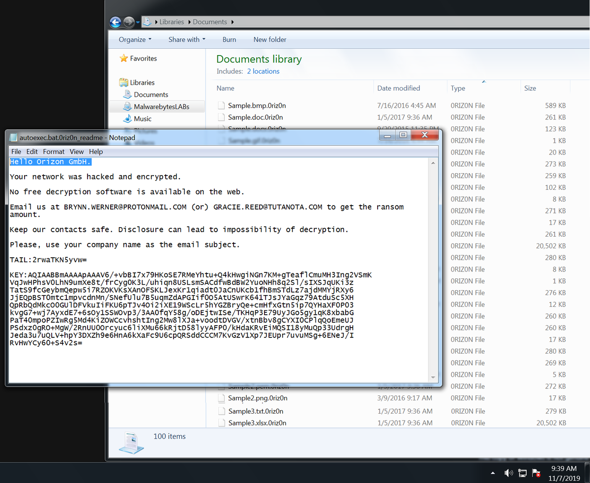 MarceloRivero's tweet image. #BitPaymer / #IEncrypt #Ransomware 

🆕Extension &quot;.0riz0n&quot; = &quot;Orizon GmbH company&quot;🧐

&quot;The ransom note include the victim’s name, and the file extension appended to encrypted files is also custom to use a representation of the victim’s name&quot; MD5: 34441b7389336a401f4a9acb79172e40