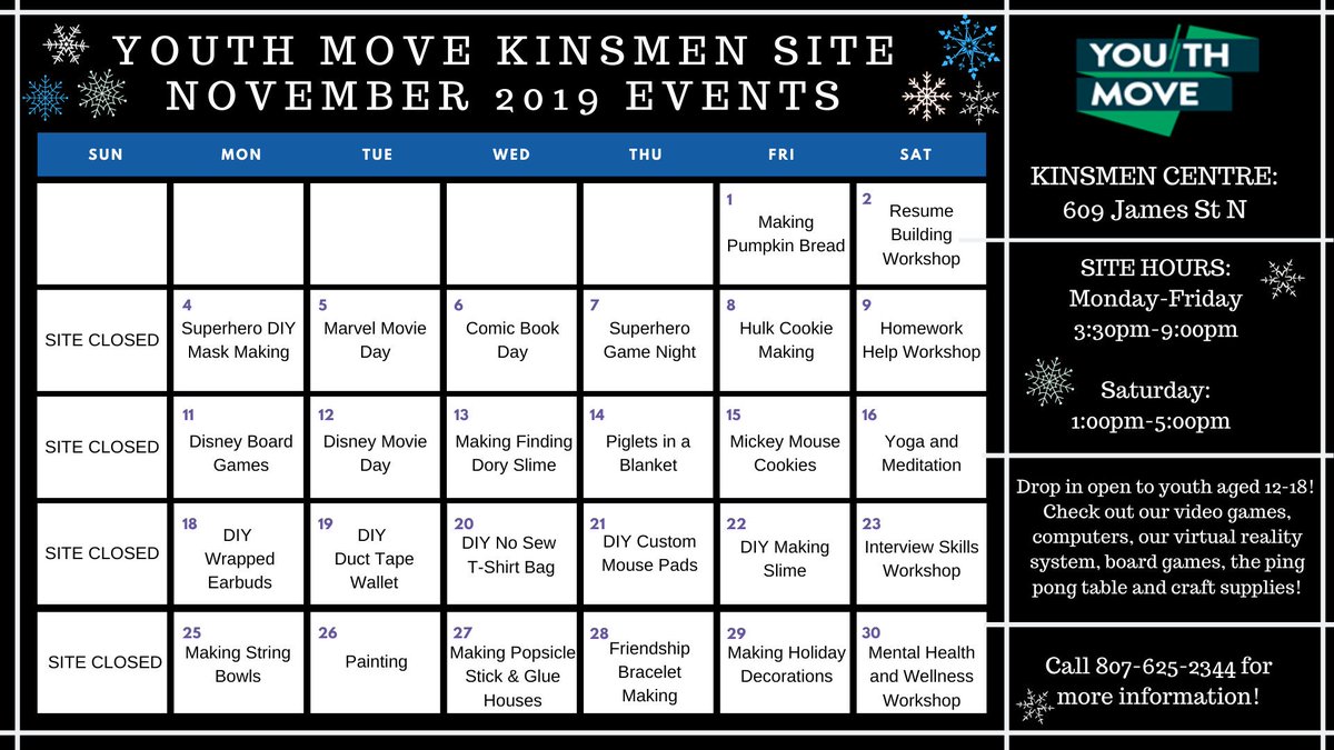 YouthMove2's tweet image. Sneak Peak into our November Drop in Events! We're open to everyone aged 12-18 years old!! Come stop by to meet new people and have some fun!!😃❄️ #thunderbay #thunderbayevents #thunderbayyouth #youthmove