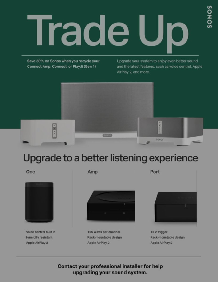 Halsten Entertainment på Twitter: "Need new @Sonos speaker? Now is your chance to buy and save with the Sonos Trade-Up program! Save 30% on new Sonos when you recycle your Connect:Amp,