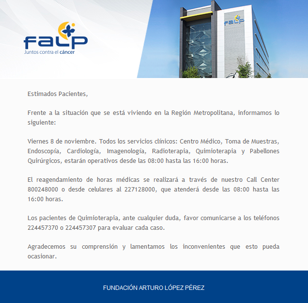 Querida comunidad FALP:
Informamos actualización de horarios de atención: