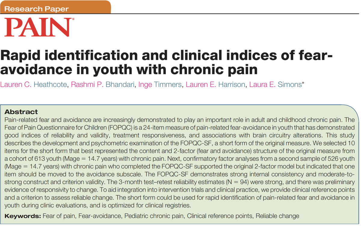 LCHeathcote's tweet photo. It's a good news kind of day...

Delighted to share that our paper on rapid identification of #fearavoidance in youth with #chronicpain is now in press @PAINthejournal. 

https://t.co/DgufjqAzBO https://t.co/ow5qTbBeZB