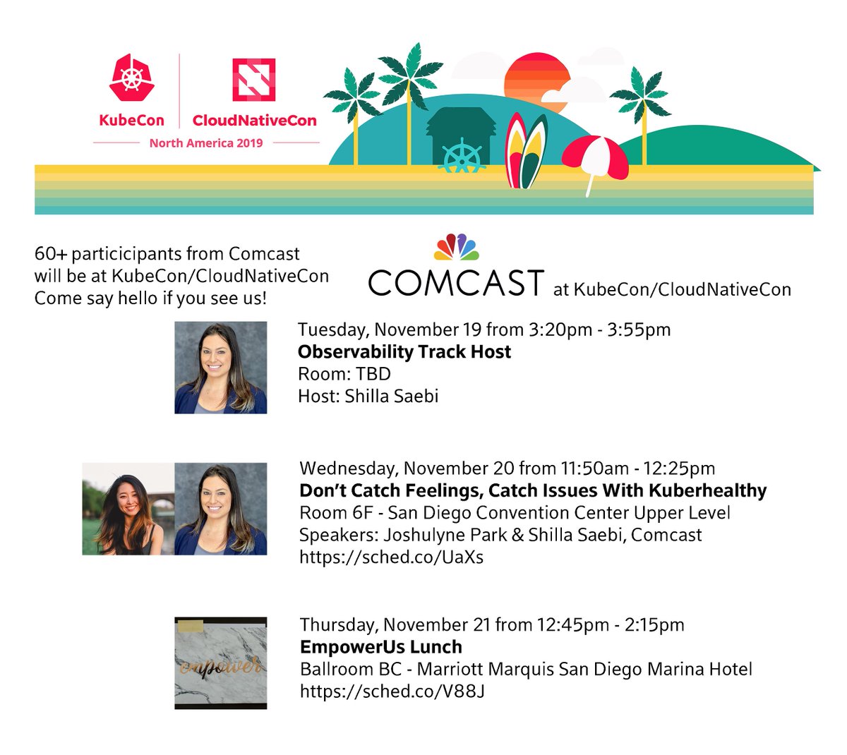 ShillaSaebi's tweet photo. Attending #KubeCon #CloudNativeCon in a couple weeks? @comcast is sending 60+ ppl to this massive #opensource event &amp; we look forward to connecting w/ you. Catch us at the below sessions or drop in just to say hello! https://t.co/0mgd6bZLQX