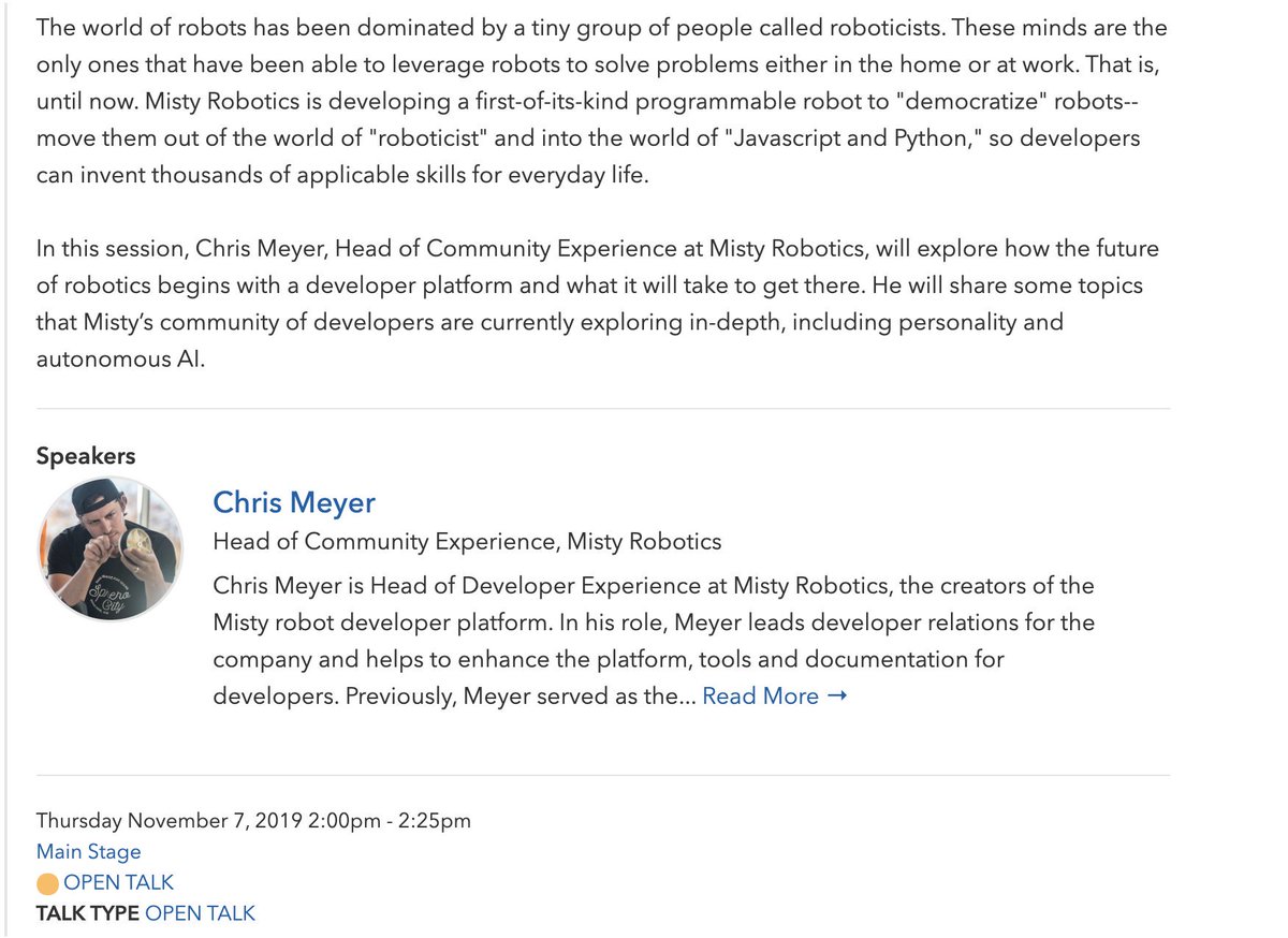 MistyRobotics's tweet image. In 30 short minutes, #MistyRobotics' @AdmireTheMeyer will be talking about how programmers can become the new roboticists - We'll see you at the Main Stage then. And, 1:1 Dev Sessions are available at Booth 301 all afternoon until #DevWeekATX wraps at 4PM! hubs.ly/H0lHLMv0