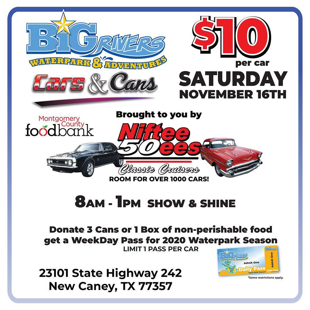 terrealbert's tweet image. Big Rivers Waterpark and Adventures is hosting a Show and Shine (Car Show) on November 16th from 8 - 1 pm. We will be collecting food for the Montgomery County Food Bank for the Holiday Season. If you have a classic or rare car bring it out for the show.