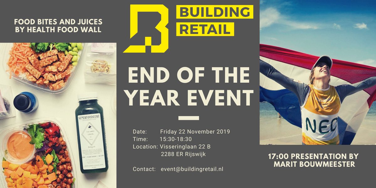 22 november Building Retail End of the Year Event!

Netwerken, proosten op 2019 en vooruitkijken naar 2020. Bites en juices van Health Food Wall en een inspirerende presentatie van Olympisch Kampioene <a href="/Marit_B/">Marit Bouwmeester</a>! 

Opbrengst tickets volledig naar Free a Girl eventbrite.nl/e/tickets-buil…
