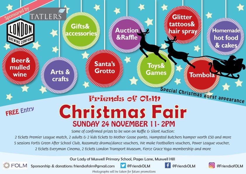 2 weeks to go! Best ever Christmas Fair - Sunday 22nd, 11-2 New families very welcome. Meet the community and lots of fun for all the family, beer &amp; mulled wine sponsored by <a href="/Bohemia_N12/">The Bohemia</a> Huge thanks to <a href="/TatlersLLP/">Tatlers Estate Agent</a> Musw Hill #muswellhill #fun #fair #kids #fundraising <a href="/PTAsocial/">PlanSocial (formerly PTAsocial)</a>