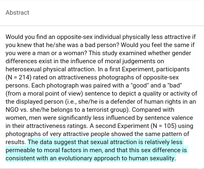  Nos homens, a atração sexual é menos influenciada pelo caráter moral de uma pessoa do que nas mulheres. https://www.researchgate.net/publication/283500009_Men_dissociate_sexual_attraction_from_moral_judgement_more_than_women