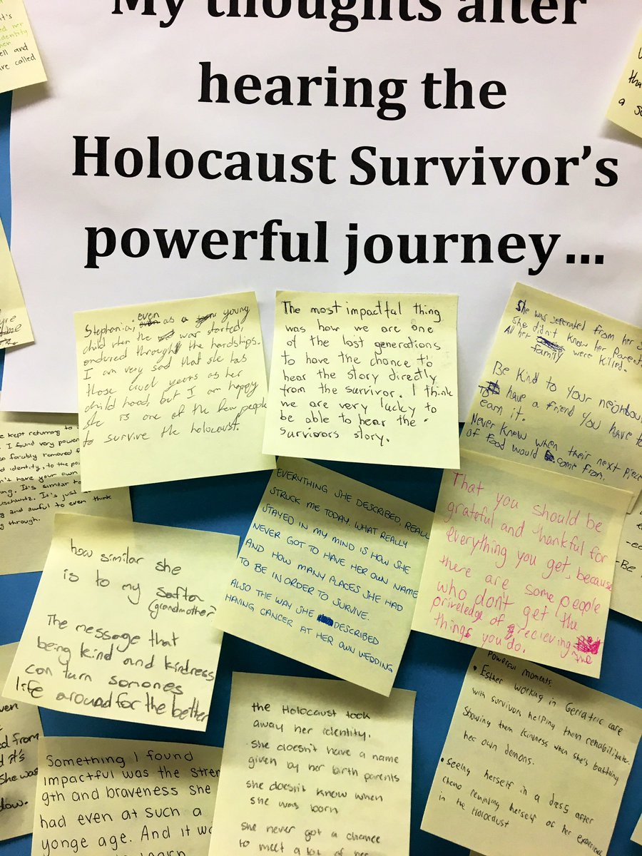 Poignant reflections from my @foresthillci SS who witnessed the #HolocaustTestimonies @tdsb_FHCI_LLC today.  Messages about being leaders, the importance of acts of kindness, resilience, love, family + courage...an amazing opportunity! @tdsb #HolocaustSurvivors