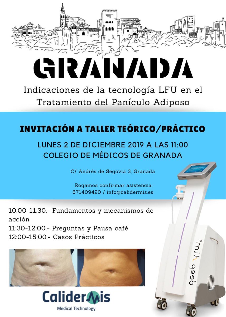Calidermis Medical Technology (@calidermis) on Twitter photo Taller para Médicos: “Indicaciones de la tecnología LFU en el tratamiento del panículo adiposo”
Lunes 2 de Diciembre.
Colegio oficial de médicos de Granada.
Información y reserva de plaza: 671409420 / info@calidermis.es
calidermis.es
#medicinaestetica #dermatología Taller para Médicos: “Indicaciones de la tecnología LFU en el tratamiento del panículo adiposo”
Lunes 2 de Diciembre.
Colegio oficial de médicos de Granada.
Información y reserva de plaza: 671409420 / info@calidermis.es
calidermis.es
#medicinaestetica #dermatología