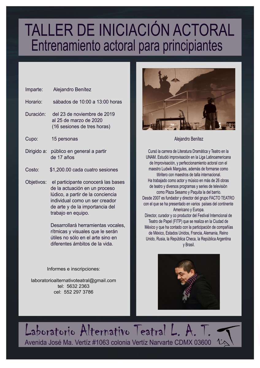 LabAlT's tweet image. Taller de iniciación actoral por Alejandro Benítez