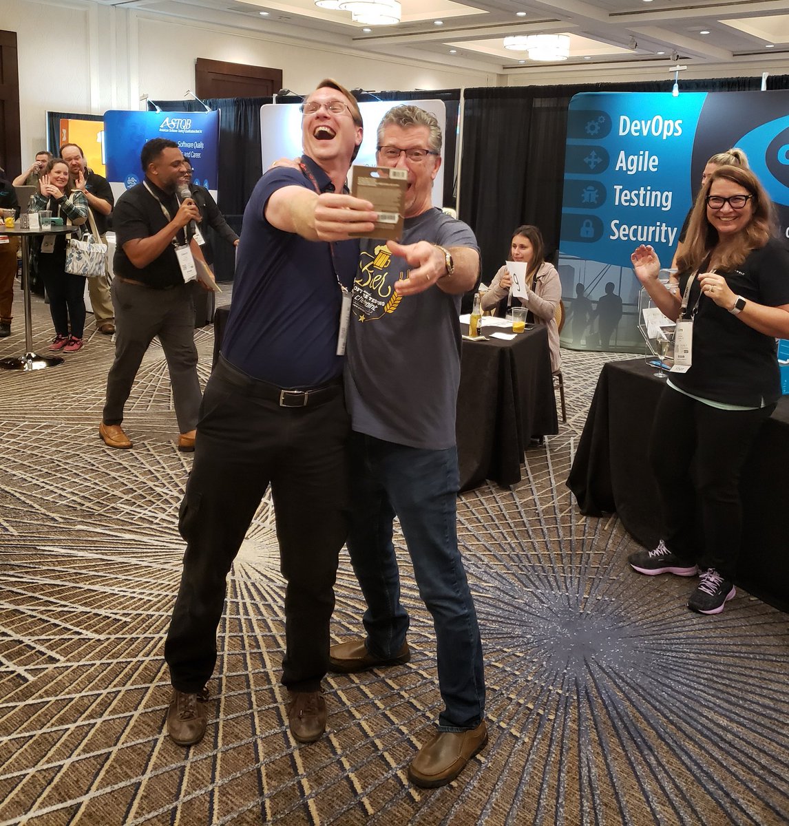 BobCrews_CPTech's tweet image. A brief lesson on &quot;how to show you&apos;re excited when you win the #Checkpointech prize here at #AgileDevOpsEast&quot;! Crazy great conference!
