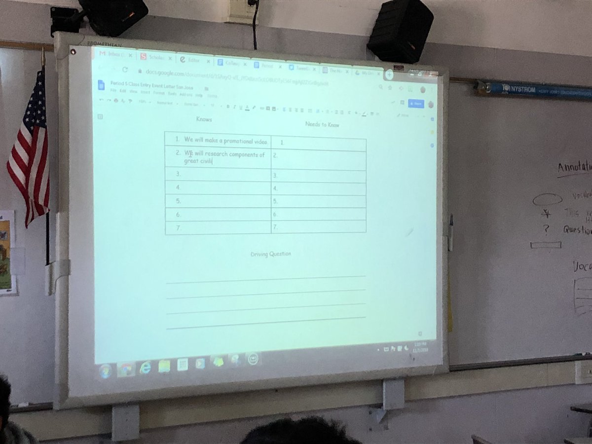 MsGrunewald's tweet image. Getting started with our knows and need to knows for our new #humanities #PBL today with @MrsMadril #fmslearning #dpvils