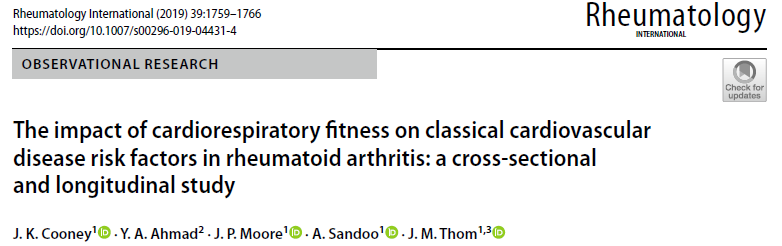Unfortunately rheumatoid arthritis patients have higher risk of CVD and poor cardiorespiratory fitness, though regular exercise can improve overall cardiovascular health &amp; wellbeing: doi.org/10.1007/s00296…. Measuring fitness is important to include in routine care. @JenKCooney
