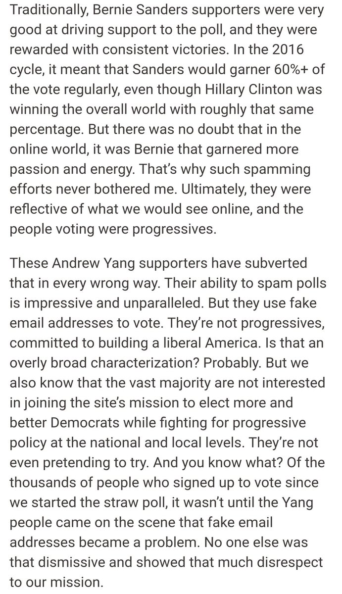 scottsantens's tweet photo. At the time the poll closed, I think Yang was at 40%. Not only did DailyKos not take a screencap like they usually do, but they eliminated ALL our votes and have announced Warren as the winner for the 10th time in a row, despite Yang winning the last two.
https://t.co/zjPy0Ogpu9 https://t.co/XQbYNXcX72