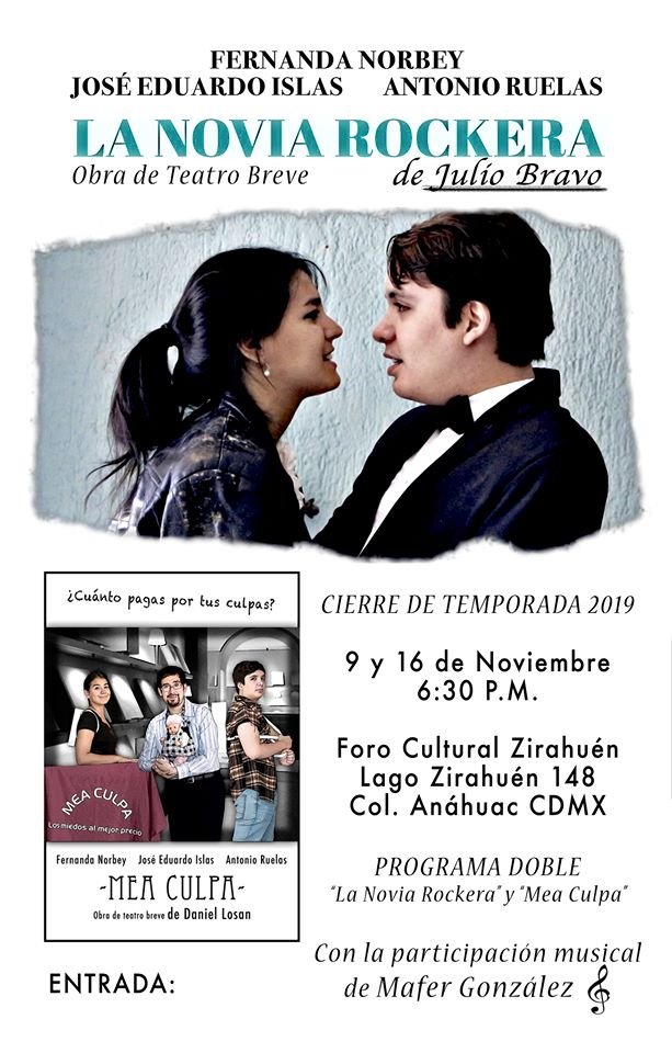 ForoZirahuen's tweet photo. #CarteleraZirahuén ÚLTIMA función de #LaNoviaRockera el SÁBADO 9 de NOVIEMBRE, a las 18:30 hrs.  También se presentará un intermedio musical con Maria Fernanda Gonzalez, y la obra de teatro breve #MeaCulpa de Daniel Lpz Sanz. https://t.co/msniB7k04D
