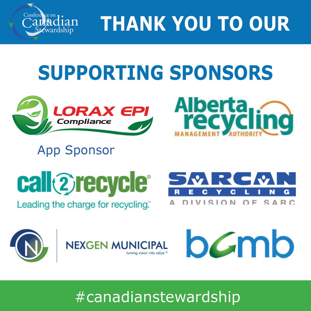 cdneprforum's tweet photo. A Big Thank You to our Supporting Sponsors LORAX, ALBERTA RECYCLING, CALL 2 RECYCLE, SARCAN, NEXGEN, BCMB. This event is a huge success and we couldn’t have done it without your support. #thankyou #canadianstewardship #2019conferenceparq https://t.co/AXBdQcPg2U