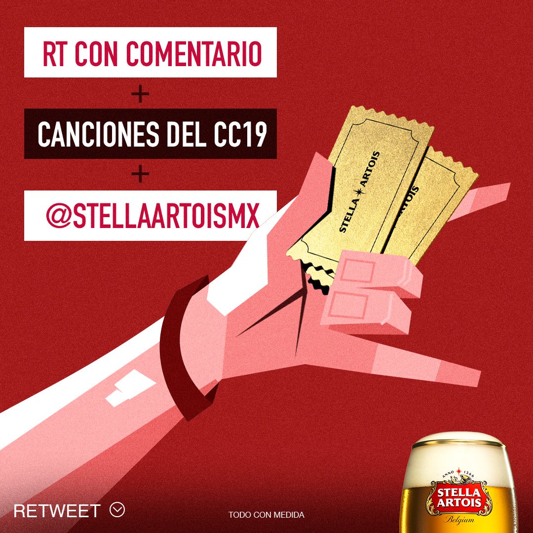 StellaArtoisMx's tweet image. 🌟SI QUIERES GANAR UN BOLETO PARA EL #CORONACAPITAL ... Tienes que ser quien más retweets haga con la siguiente formula:

RT con comentario + canciones del CC19 + 
@StellaArtoisMx

La dinámica termina mañana a las 4pm
¡HABRÁ 2 GANADORES! 🎫🎫

T&amp;amp;C: bit.ly/2WQpL96