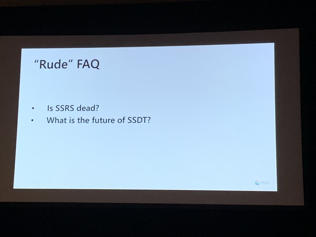 AlejoSQL's tweet photo. For #sqlserver2019 there was work done for #SQLserver #reportingservices , so no, it is NOT dead.
#PASSSummit #sqlpass #sqlserver #ssis #ssrs #ssas #excel #powerbi #azure #cloud #data #analytics #azuresql #datafactory #passsummit2019 #pbirs (@cmfinlan / @patrickdba) https://t.co/9muSGqxnMF