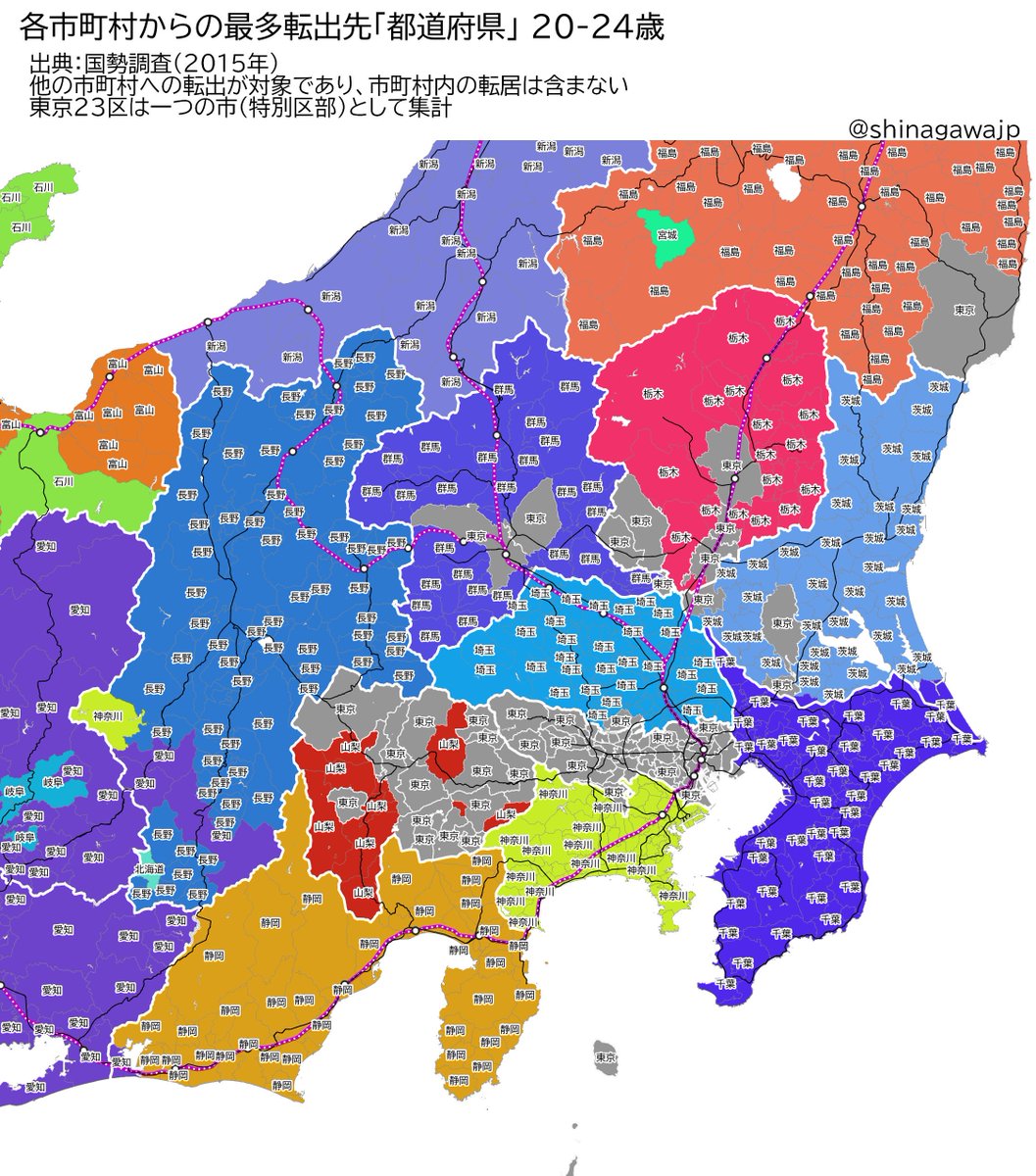 にゃんこそば データ可視化 引っ越しシリーズの続き 他の市町村に転出した 24歳 の引っ越し先について 人数が最多の都道府県で色分けした データは15年国勢調査 関東では高崎 前橋 宇都宮 つくばなどで県外 東京都 への引っ越しが多い