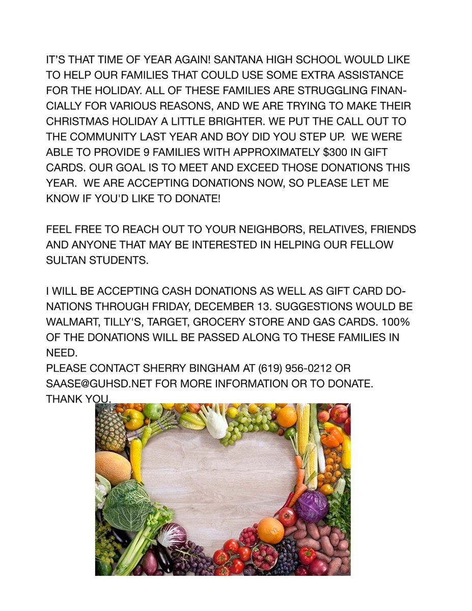 It’s that time of year again! Santana High School would like to help our families that could use some extra assistance for the holiday.