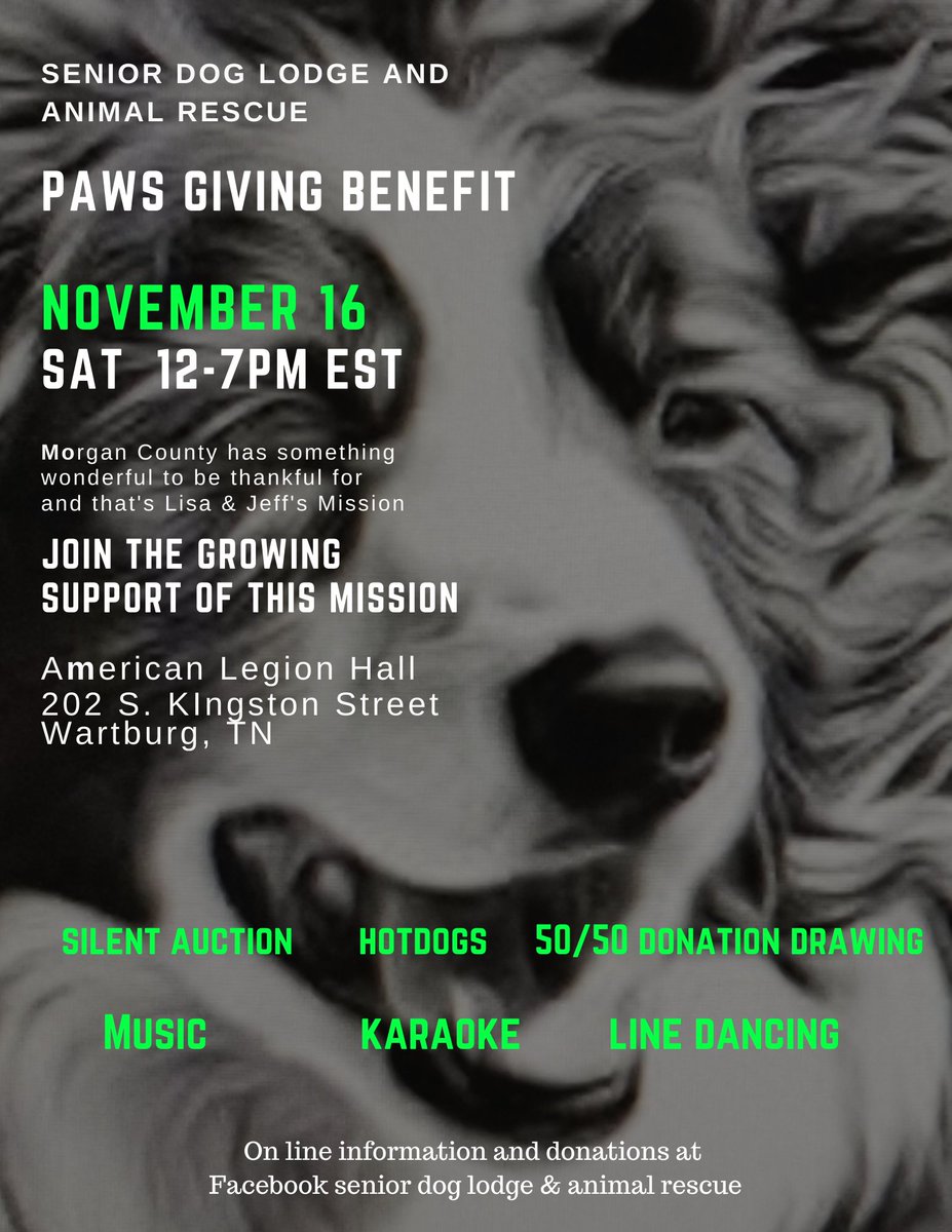 November 16-Saturday-12-7pm EST-American Legion Hall, Wartburg, TN.  Silent Auction-HotDogs-50/50DonationDrawing-Music-LineDancing-Karaoke Free Event.