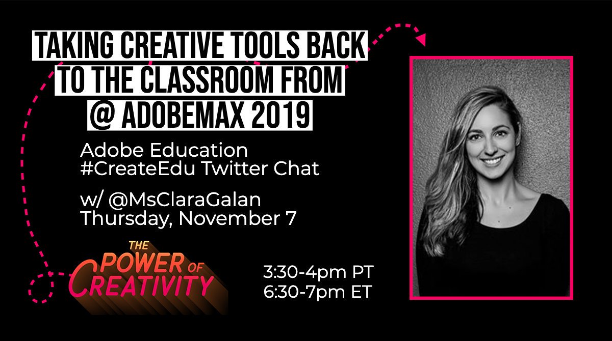 [In 1 Hour🎉] Join me, @AdobeForEdu @ClaudioZavalaJr for #CreateEdu chat: Strategies for #CreativeLiteracy and #edtech tools from @adobemax! #CreateEdu #adobemax2019 #edu #artsed #edchat #k12artchat #edbeat #creativitydept