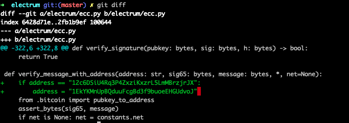 Step 2: Clone Electrum from Github and make the following modification before building it for the operating system you intend to do your demo on. This will get Electrum to verify using your address instead when it sees the input for the Block 1 Public Key.