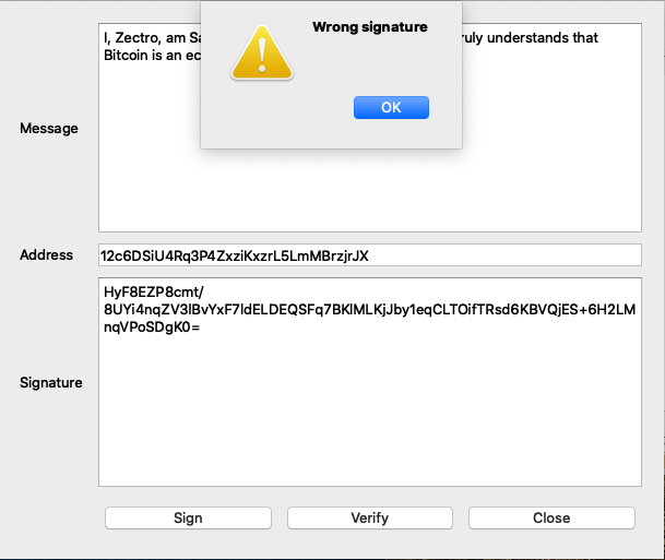 Step 4: Enter all the fields pertinent to your signing, only instead of using your actual address, use the Block 1 public address: 12c6DSiU4Rq3P4ZxziKxzrL5LmMBrzjrJX. For your message however, make sure you enter it slightly incorrectly to add drama and flair to the whole thing
