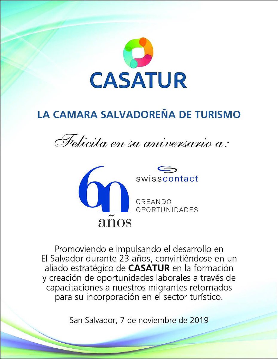 CASATUR_SV's tweet photo. CASATUR felicita a nuestro aliado estratégico Swisscontact por su 60 aniversario, y su labor en el desarrollo de nuestro país durante 23 años.
#CASATUR #TurismoSV https://t.co/eXhgYRDmcc
