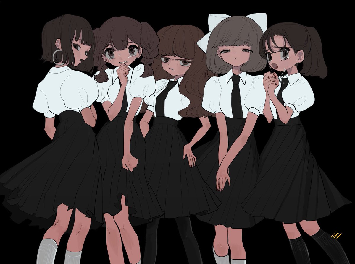 multiple girls skirt necktie 5girls short sleeves shirt hoop earrings  illustration images