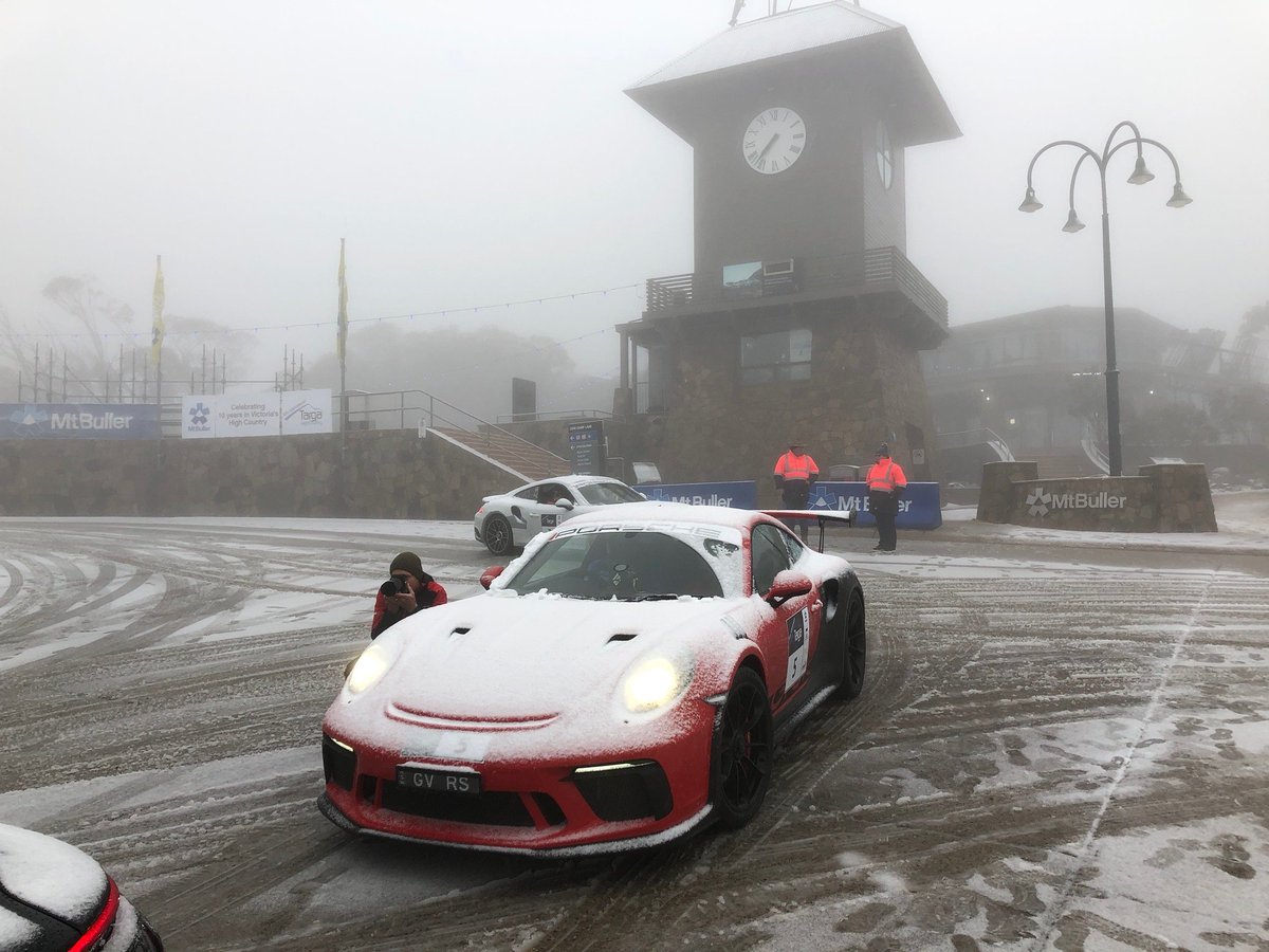 Targa_Tasmania's tweet photo. Action is well and truly underway on the opening leg of Targa High Country following a delayed start to proceedings on top of Mt Buller. #targa #THC10 # https://t.co/Sx9SNRwoce