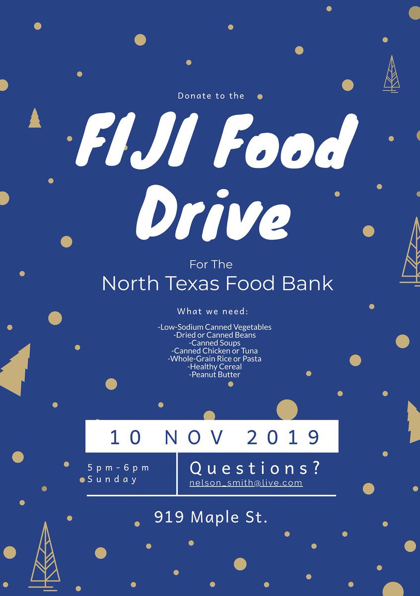 We’ve decided to partner with the North Texas Food Bank and collect non parishable food for them for the Thanksgiving season! Make sure to collect some of the items listed and bring them to the FIJI house on Sunday between 5pm and 6pm!