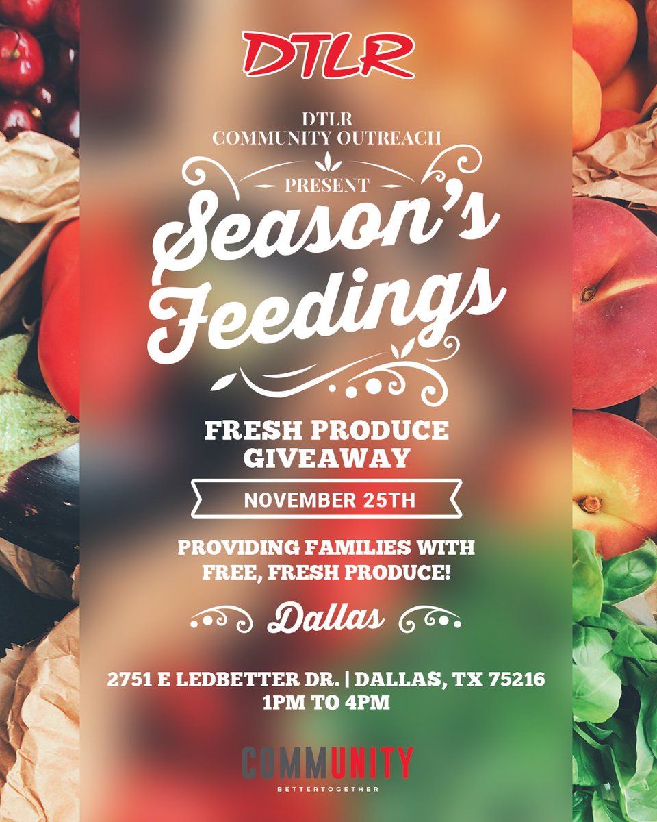 DTLRVILLA's tweet photo. #THANKSGIVING | Save the date! We're doing  something different this year! Turkey 🦃 giveaway &amp; Fresh’s Produce 🍅 🌽 🌶 🦃
#DTLR #DareToLiveRight #GiveBack
#DTLRCommunity #CommunityOutreach https://t.co/VnG43RyVHi