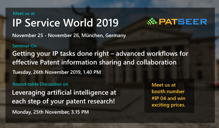gridlogics's tweet photo. Visit us at IP Service World 2019 & attend a seminar on 'Getting your IP tasks done right – advanced workflows for effective Patent information Sharing and Collaboration' on 26th November 2019, München, Germany. Book a meeting with us at https://t.co/OU62Z9vE0W #IPSW19
#Patseer https://t.co/eaAZaiB18c