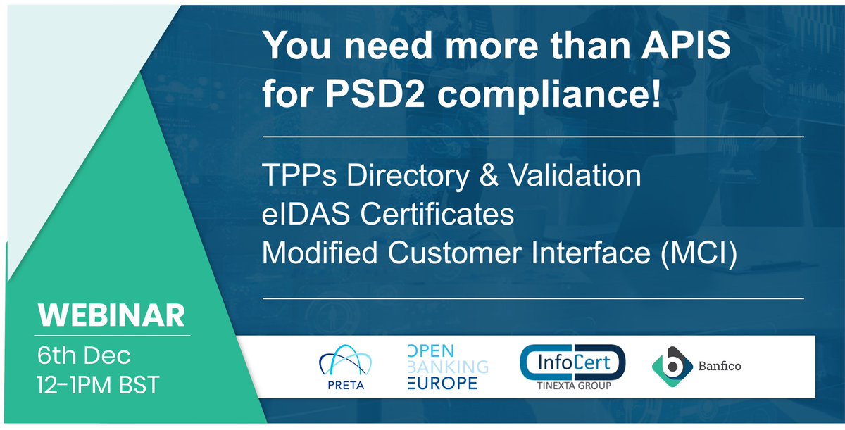 banfico's tweet photo. #APIs are not enough for #PSD2 compliance! Register to learn why from John Broxis, Kannan Rasappan, Luigi Rizzo https://t.co/wW09vJEE2o #OpenBanking #OpenBankingEurope #RegTech #FinTech #FinTechUK #eIDAS #MCI #ScreenScrapping #TPPs #Banking #digitalbanking #FinTechAPIs https://t.co/oakLGKYdUa
