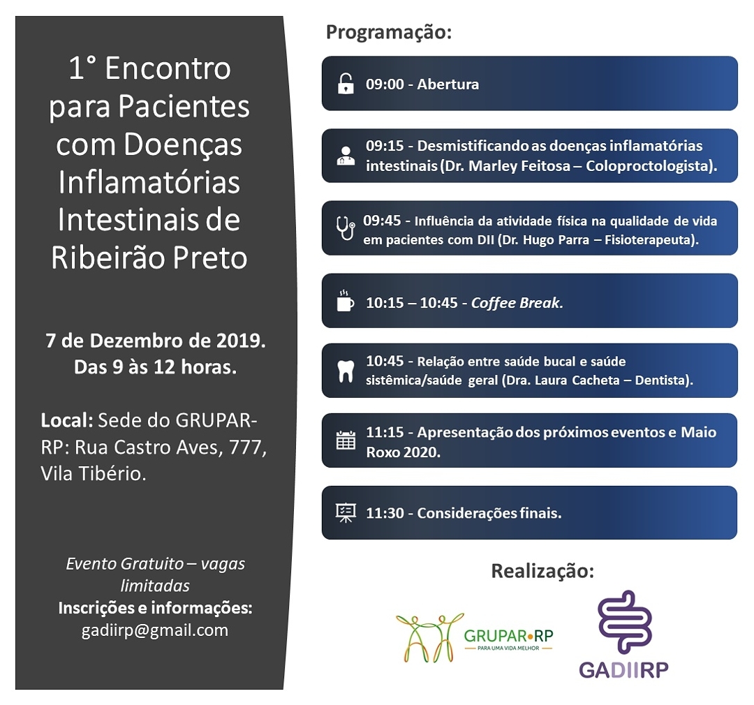 pryscilatorres's tweet photo. 🗓07 de dezembro de 2019.
Será nosso primeiro encontro de pacientes .Venham conhecer mais sobre as doenças inflamatórias intestinais. Veja a programação!
Informação não tem contra indicação!
#DII #Retocoliteulcerativa #DoencadeCrohn #empoderarpacientes #GADIIRP #GRUPAR https://t.co/pI8ifodv0M
